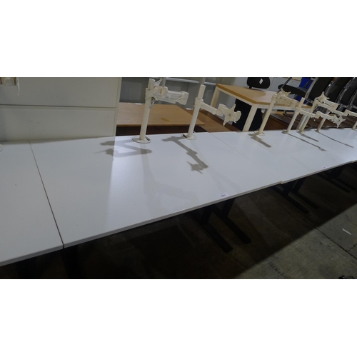 1063 - 1 white rectangular office table with 2 monitor support arms attached  (approx size 140x80cm)  - NO ... 