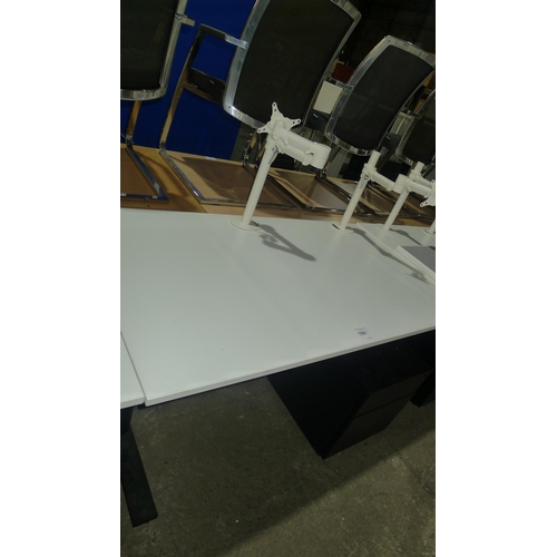 1067 - 1 white rectangular office table with 2 monitor support arms attached  (approx size 140x80cm) & 1 un... 