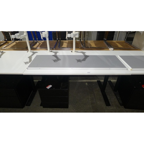 1068 - 1 white rectangular office table with 2 monitor support arms attached  (approx size 140x80cm), 1 und... 