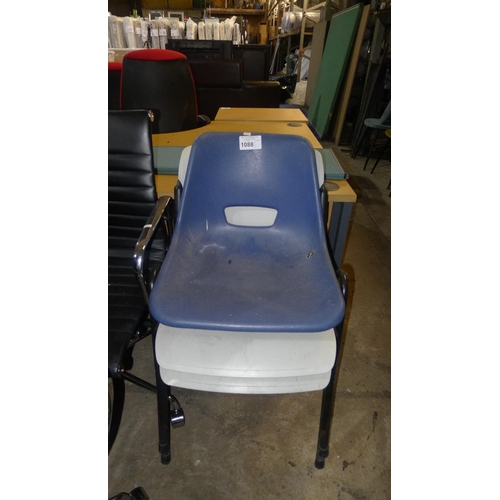 1088 - 3 plastic stacking chairs - 2 grey & 1 blue