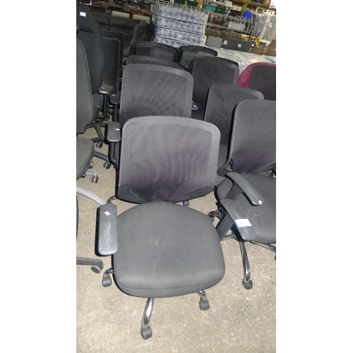 1103 - 3 black upholstered office swivel chairs with mesh back panels