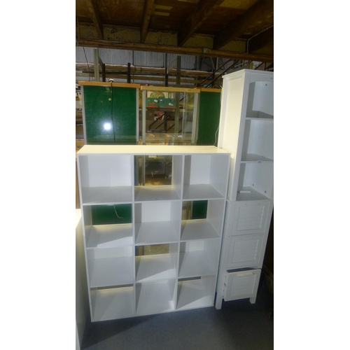 143 - 1 white cube bookcase (12 shelf)  approx 3ftx4ft & 1 tall white cabinet with 3 drawers & 3 shelves 3... 