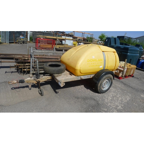 2990 - 1 yellow plastic water bowser capacity approx 650L mounted on a single axle galvanised metal trailer... 