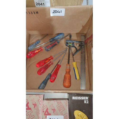 2041 - A quantity of various items including a box of masking tape, screws, chisels, screwdrivers etc