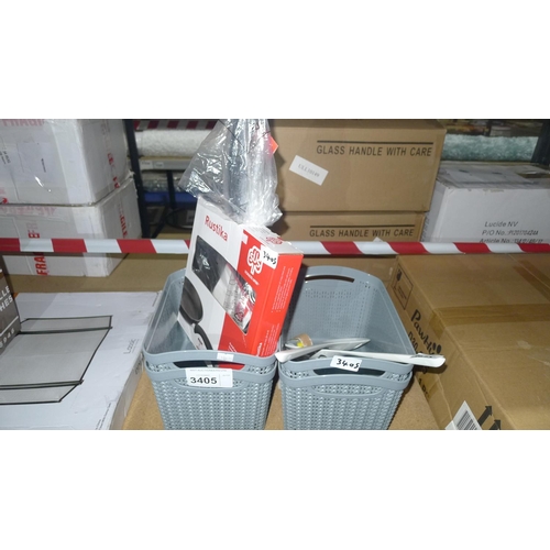 3405 - 4 plastic kitchen baskets, 2 kitchen utensils and a frying pan