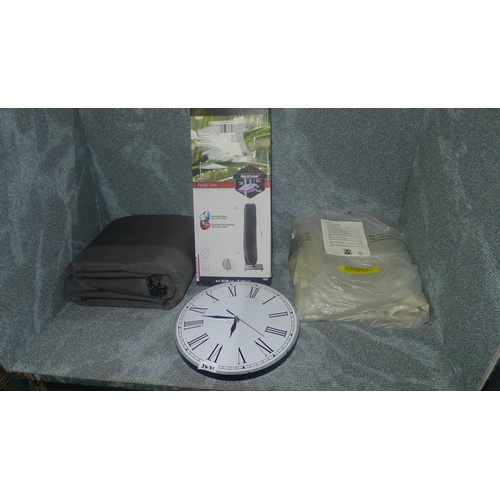 3431 - A quantity of various items including a clock, garden furniture covers, one blind, a vinyl mat and 4... 