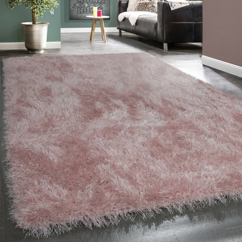 3064 - A large pink/peach fluffy rug type Rose Glitter approx 240 x 340 cm RRP £250