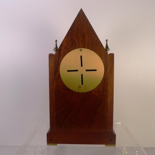 157 - A marquetry inlaid mahogany gothic style mantel clock by Knight and Gibbins, 32cm tall