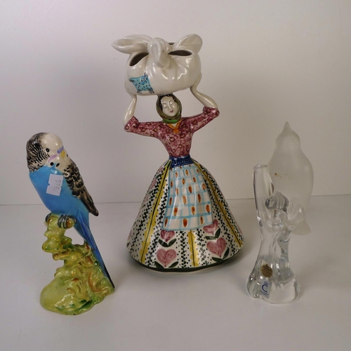 206 - A Beswick budgerigar, a Spanish lady and a glass bird figure