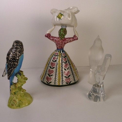 206 - A Beswick budgerigar, a Spanish lady and a glass bird figure