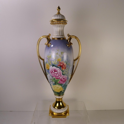 298 - A tall Spode floral & butterfly decorated prestige vase with cover, 55cm tall, damaged