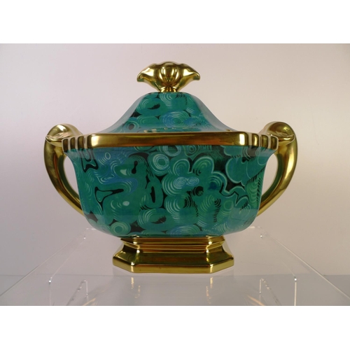 300 - A Portmeirion malachite design tureen with lid & 2 handles, 22cm tall, limited edition