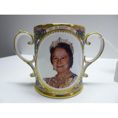 302 - A Coverswall Queen mother commemoration loving Cup with matching plate