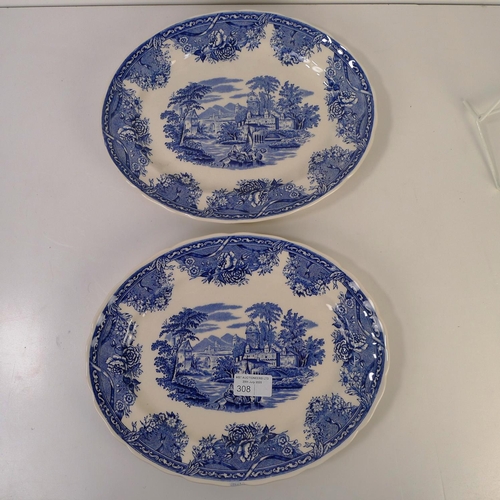 308 - 3 blue and white decorated Wedgwood dresser plates