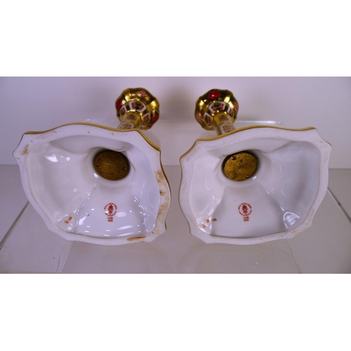 348 - A pair of Royal Crown Derby old Imari 1128 castleton candlesticks 17 cm tall. With boxes