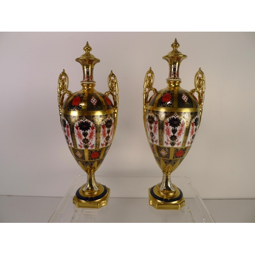 357 - A pair of Royal Crown Derby old Imari 1128 trophy vases, 31cm tall, with boxes