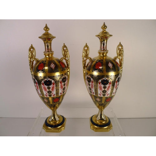 357 - A pair of Royal Crown Derby old Imari 1128 trophy vases, 31cm tall, with boxes