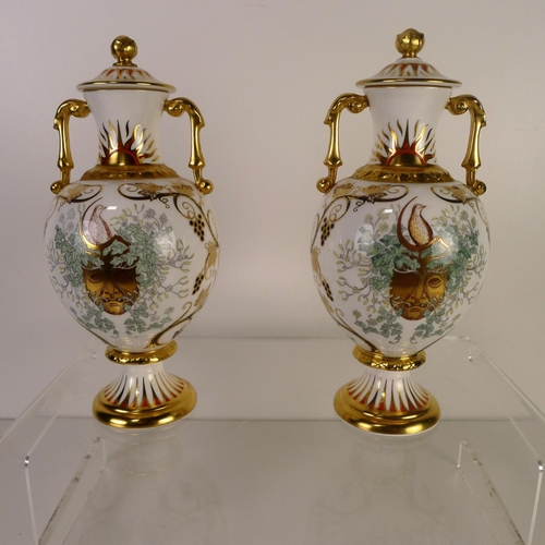 358 - A pair of Royal Crown Derby imited edition Summer Solstice Sudbury vases with covers, 19cm tall