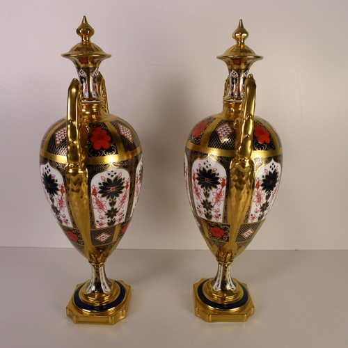 365 - A pair of Royal Crown Derby old Imari 1128 trophy vases, 42 cm, with boxes