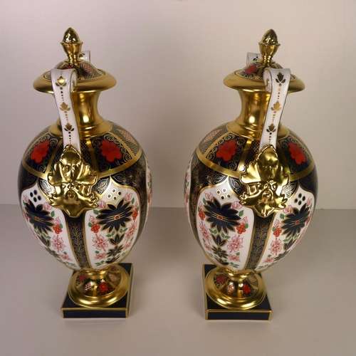 370 - A pair of Royal Crown Derby old Imari 1128 two handled Repton vases with covers 36 cm tall, with box... 