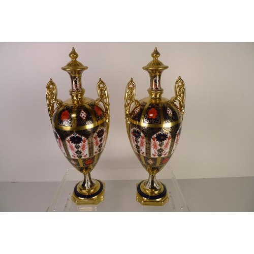 371 - A pair of Royal Crown Derby old Imari 1128 trophy vases, 31cm tall, with boxes