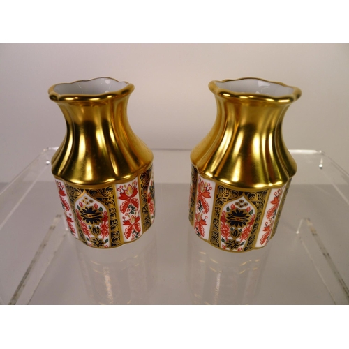 380 - A pair of Royal Crown Derby old Imari 1128 primrose vases, 9cm tall, one box only