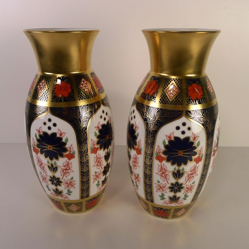 410 - A pair of Royal Crown Derby old Imari 1128 Iris vases, 28cm tall, with boxes