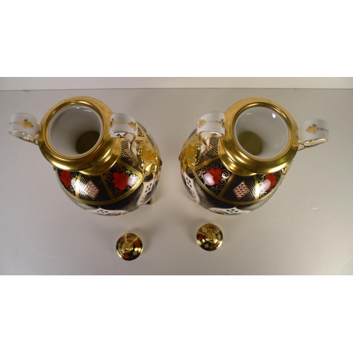 419 - A pair of Royal Crown Derby old Imari 1128 two handled Repton vases, 35cm tall, with boxes