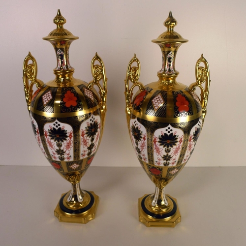 420 - A pair of Royal Crown Derby old Imari 1128 trophy vases, 43cm tall, with boxes