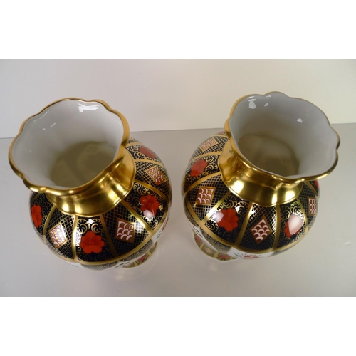 431 - A pair of Royal Crown Derby old Imari 1128 arum Lily vases, 31cm tall, with boxes