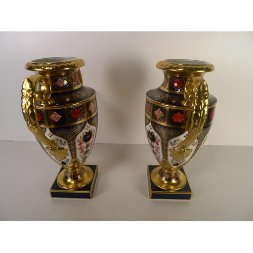 435 - A pair of Royal Crown Derby old Imari 1128 two handled Thorpe vases, 30cm tall, with boxes