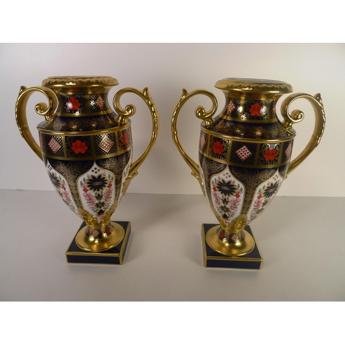 435 - A pair of Royal Crown Derby old Imari 1128 two handled Thorpe vases, 30cm tall, with boxes