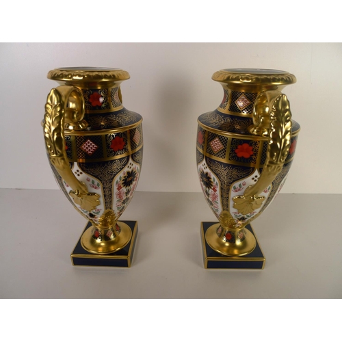 435 - A pair of Royal Crown Derby old Imari 1128 two handled Thorpe vases, 30cm tall, with boxes