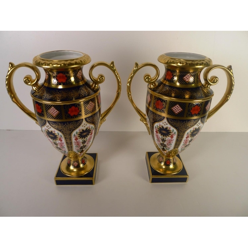 445 - A pair of Royal Crown Derby old Imari 1128 two handled Thorpe vases, 29cm tall, with boxes