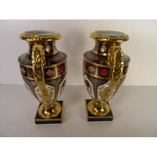 445 - A pair of Royal Crown Derby old Imari 1128 two handled Thorpe vases, 29cm tall, with boxes