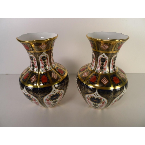 452 - A pair of Royal Crown Derby old Imari 1128 poppy vases, 25cm tall, with boxes