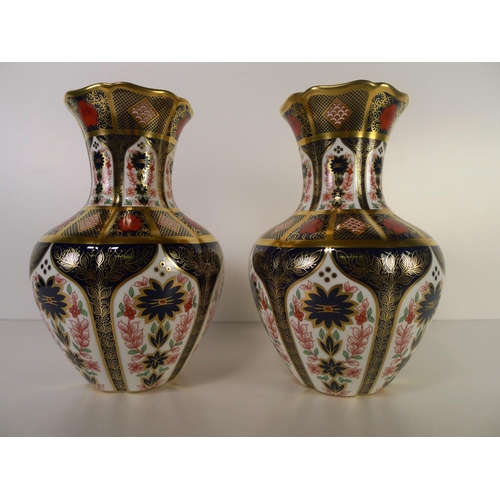 452 - A pair of Royal Crown Derby old Imari 1128 poppy vases, 25cm tall, with boxes