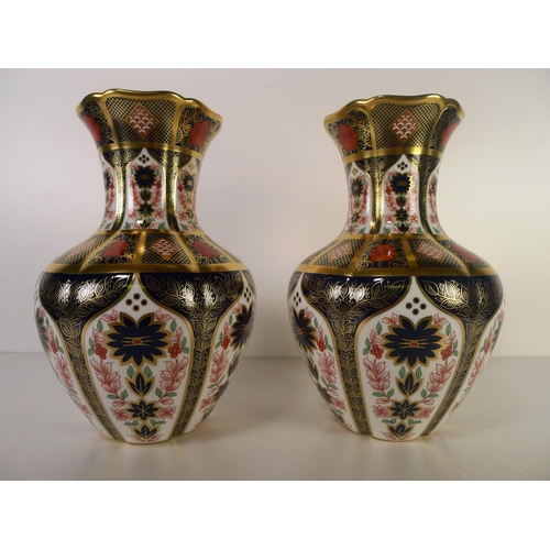 452 - A pair of Royal Crown Derby old Imari 1128 poppy vases, 25cm tall, with boxes