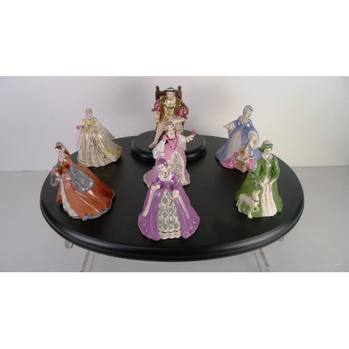 456 - A set of 7 limited edition Coalport figures of Henry VIII and his six wives mounted on a wooden plin... 