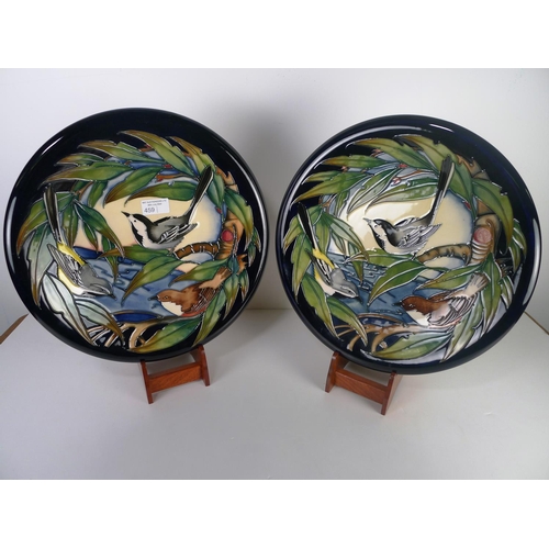 459 - A pair of modern Moorcroft pottery cabinet plates, 35cm diameter, decorated with birds & foliage, im... 