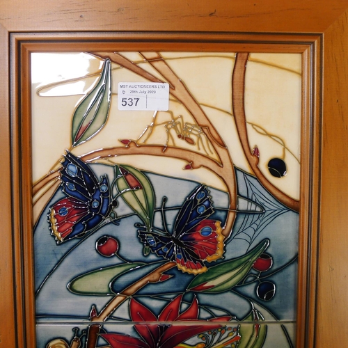 537 - A modern Moorcroft pottery framed two tile plaque, 52cm x 31cm overall, decorated with butterflies &... 