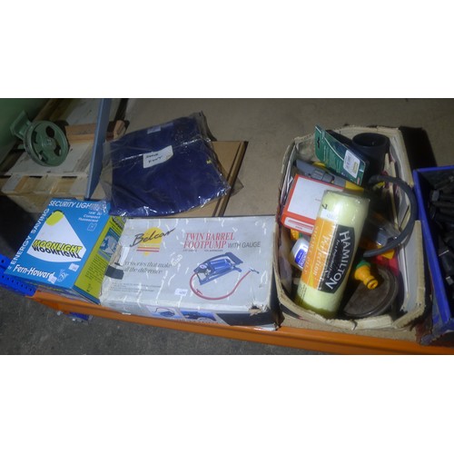 144 - A quantity of various items including coach bolts, a micrometer, a foot pump, screws, belts etc. Con... 