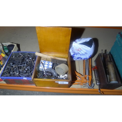 144 - A quantity of various items including coach bolts, a micrometer, a foot pump, screws, belts etc. Con... 