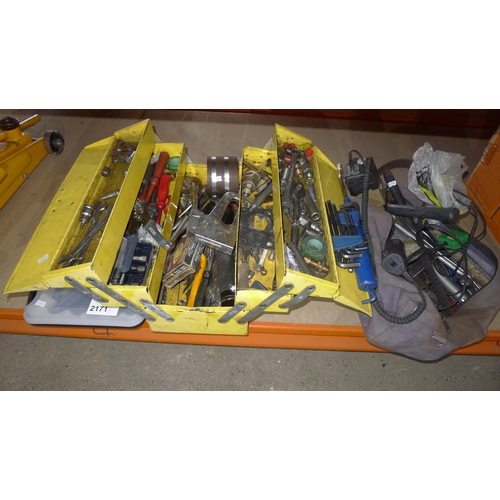 2171 - 1 yellow metal tool box containing quantity of various tools, 1 tool bag containing a quantity of va... 