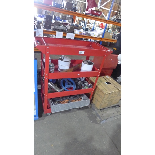 2240 - 1 red metal four tier trolley containing a quantity of various items including Hammerite paint, pull... 