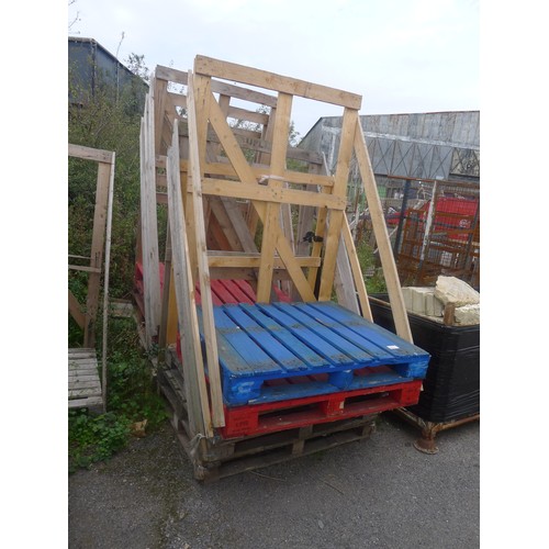 2378 - 10 wooden pallets with wood rear supports attached to them (for doors, sheet material etc)