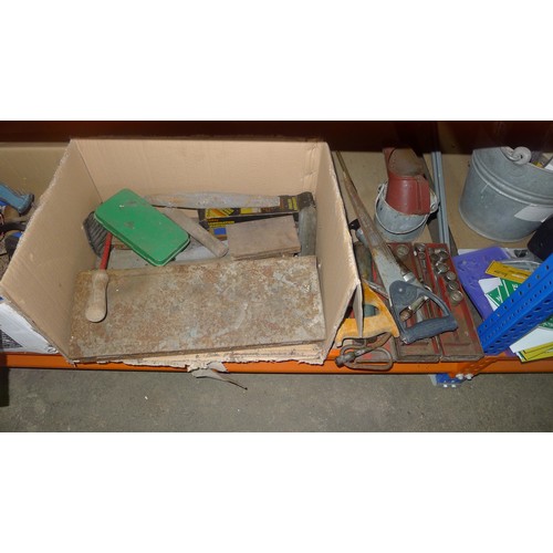 2142 - A quantity of various items including hand tools, 2 metal tool boxes, screws etc. Contents of 1 shel... 