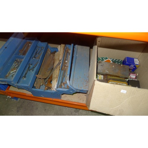 2142 - A quantity of various items including hand tools, 2 metal tool boxes, screws etc. Contents of 1 shel... 