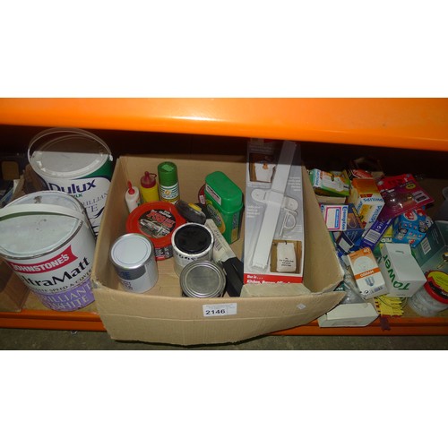 2146 - A quantity of various items including light bulbs, cans of paint, brushes, signs etc. Contents of 1 ... 