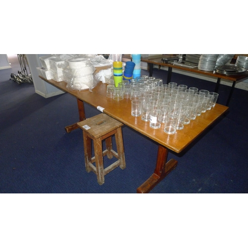 303 - 1 golden Oak topped refectory type table approx 180cm x 68 cm & 1 wooden stool